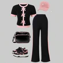Spring/Summer Girls Casual Cute Colorblock Bow Decor Round Neck Short Sleeve Top & Wide Leg Pants 2 Pieces Set - Black - View 1