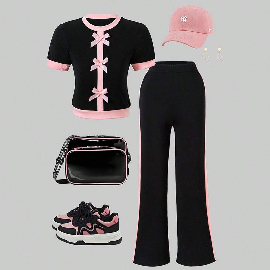Spring/Summer Girls Casual Cute Colorblock Bow Decor Round Neck Short Sleeve Top & Wide Leg Pants 2 Pieces Set - Black - View 1