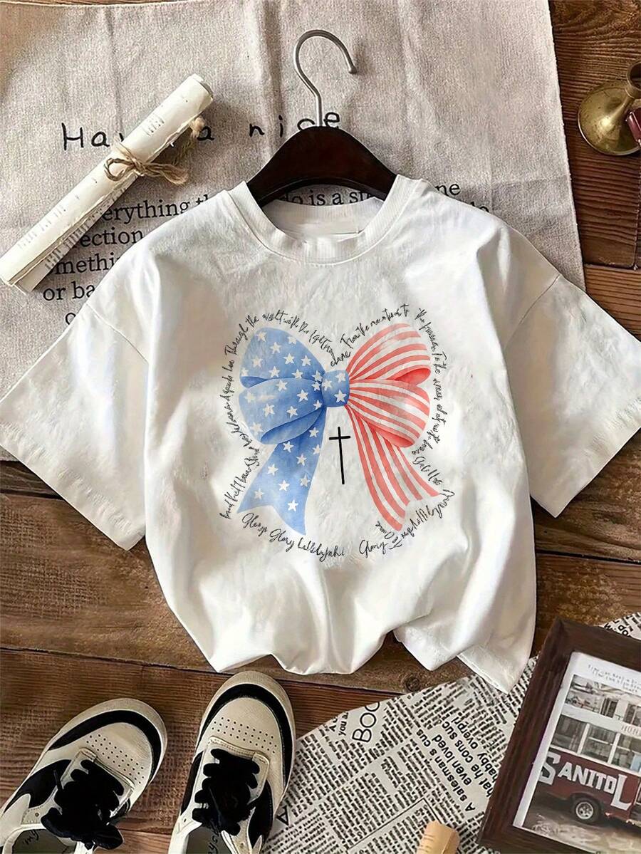 1 Pack Girls Casual Printed Crew Neck Short Sleeve T-Shirt Summer Student Youth Clothing - Trắng 5 - Xem 1
