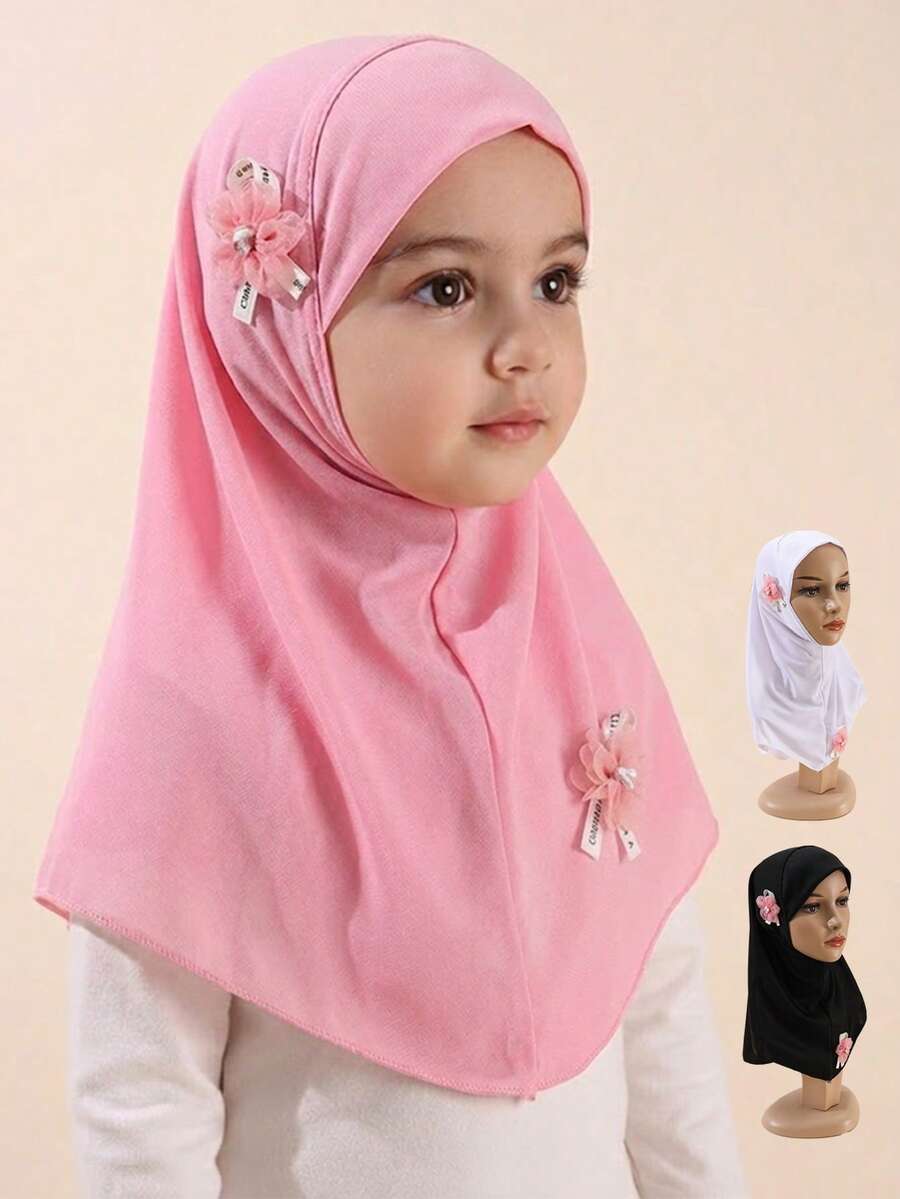 1pc Girls' Satin Flower Hijab, Middle Eastern Muslim, Cute & Elegant, Breathable & Adjustable, Suitable For All Seasons, Gift - A - View 1