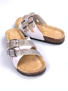 2026 Spring/Summer Dopamine Colorful Crystal Sandals, Women's Soft Cork Bottom Criss-Cross Strap Slippers, Fashion Outdoor/Indoor Wear, Beach Vacation Goddess Style Essential, Soft Bottom Non-Slip Non-Chafing, Sparkling Multi-Color Crystal Double Buckle Open Toe, Plus Size Available - Khaki - View 9