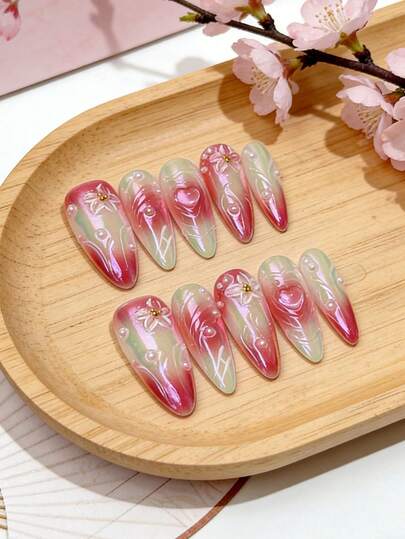 10pcs Handmade Wearable Nails, Spring Mermaid Pink & Green Ombre Nails, 3D Lily Relief Embossed Long Nail Tips, Aurora Iridescent Pearl Press-On Fake Nails