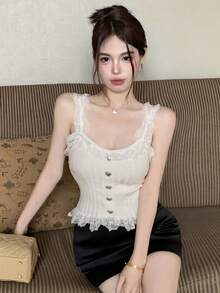 2026 Spring/Summer New Sweet Girl Style Lace Trim Knit Camisole, Elegant Heart Button Fitted Slim Tank Top, Versatile For Valentine's Day, Date, Commute - Milky White - View 3