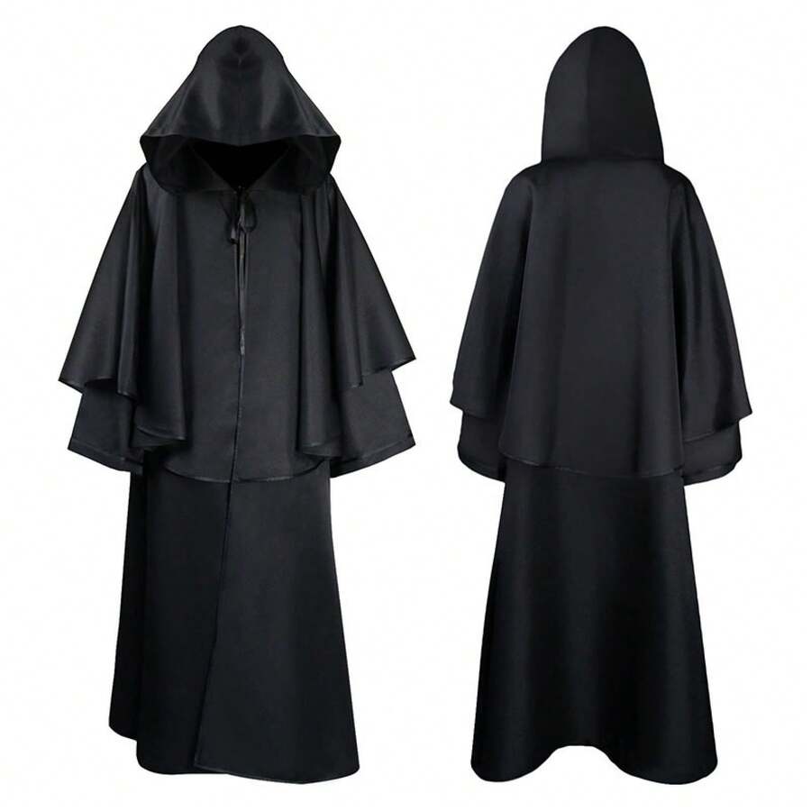 COS Ball Cape, Medieval Hooded Coat, Role-Playing Costume For Parties, Stage Costume, Cosplay Outfit - 長袍披風黑色 - 查看 1