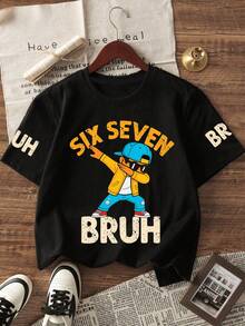 Camiseta de manga corta con cuello redondo y estampado gráfico de letras coloridas para niño preadolescente, estilo casual y cool, nueva camiseta gráfica para niños primavera/verano - Negro - Ver 2