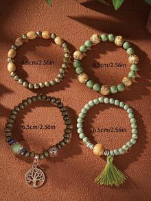 4pcs/Set Bohemian Style Tassel Tree Of Life Pendant Multi-Layer Wooden Bead Necklace Bracelet - Green - View 3