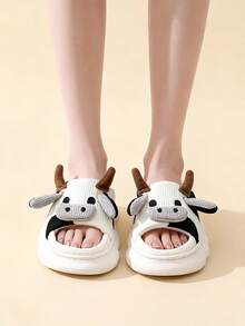 Cow Slippers For Women Cartoon House Slippers Fluffy Cute Animal Home Slippers Warm Soft Open Toe Shoes Romantic Couple Footwear For Wife Girlfriend - 米色 - 查看 1