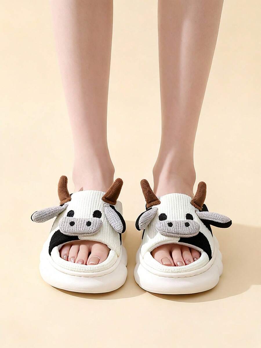 Cow Slippers For Women Cartoon House Slippers Fluffy Cute Animal Home Slippers Warm Soft Open Toe Shoes Romantic Couple Footwear For Wife Girlfriend - 米色 - 查看 1