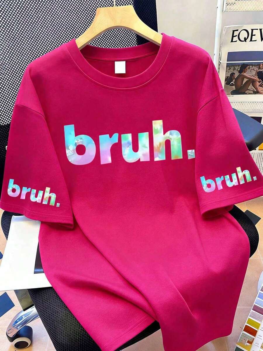 This Casual Printed T-Shirt Is Designed For Girls And Teenagers, Featuring The Letter "Bruh" In A Graphic Design. It Has A Crew Neck And Short Sleeves, Making It Perfect For Summer Wear. It's A Perfect Summer Gift Choice, Suitable For School, Picnics, Spring/Summer Wear, Travel, And Parties. - Hot Pink - View 1