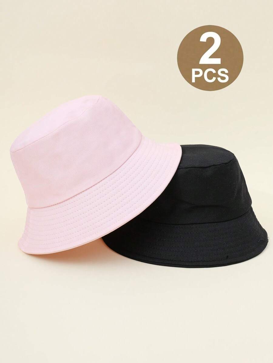 2 piezas Sombrero de cubo de unicolor para niños, sombrero de protección solar versátil y casual unisex para exteriores, estudiantes - Negro + Rosa - Ver 1