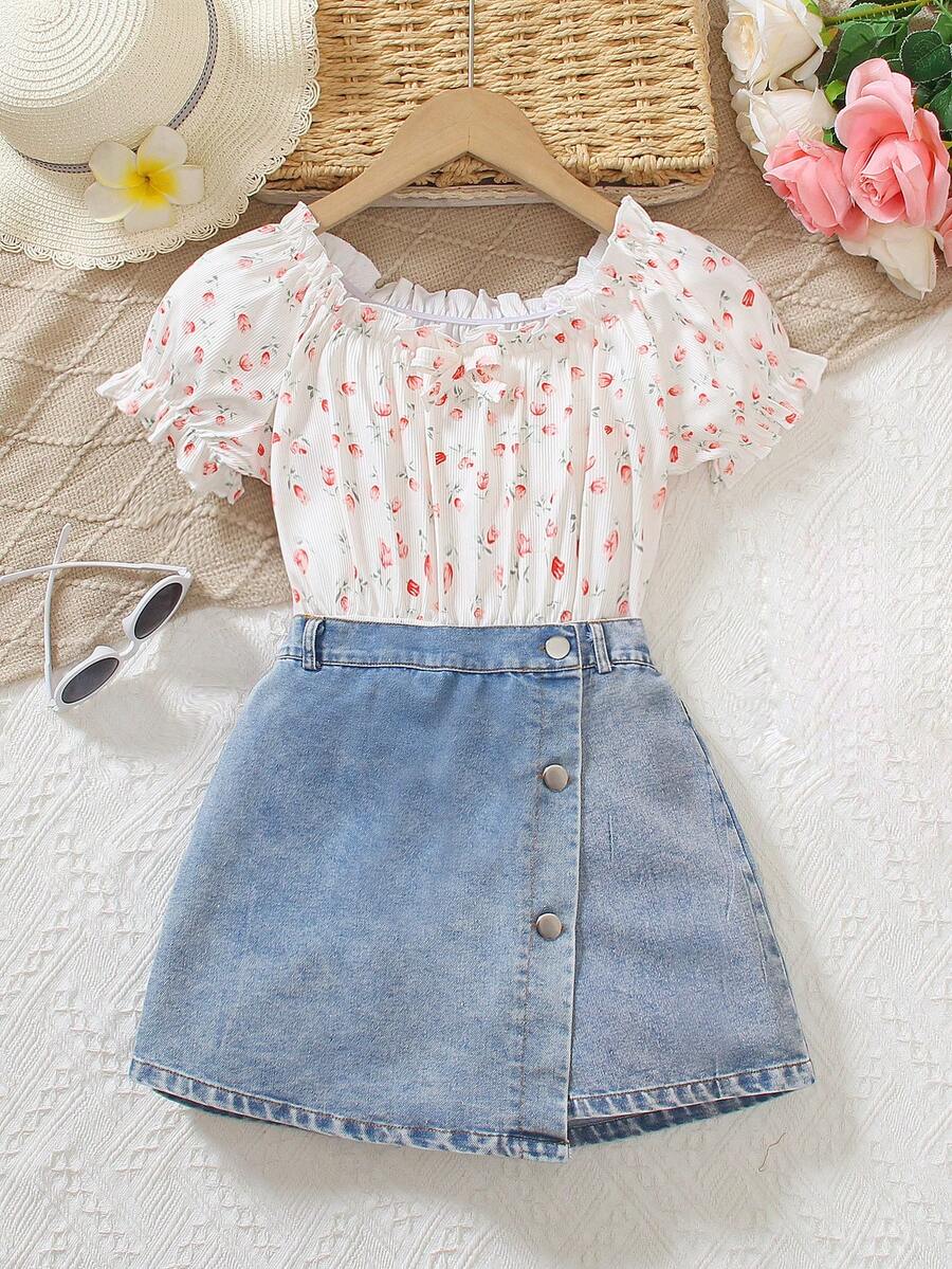 2pcs/Set Tween Girls' Summer Fashion Set, Includes Ditsy Floral Frill Collar Puff Sleeve Crop Top And Asymmetrical Design Denim Skirt Shorts Suit - Apricot - View 1