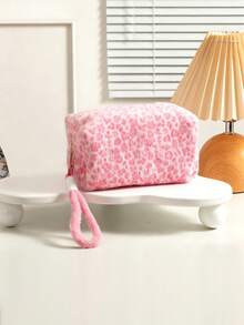 1pc Pink Leopard Print Large Capacity Cosmetic Bag With Carrying Handle, Plush Handbag, Multi-Function Toiletry Pouch - Multicolor - View 5