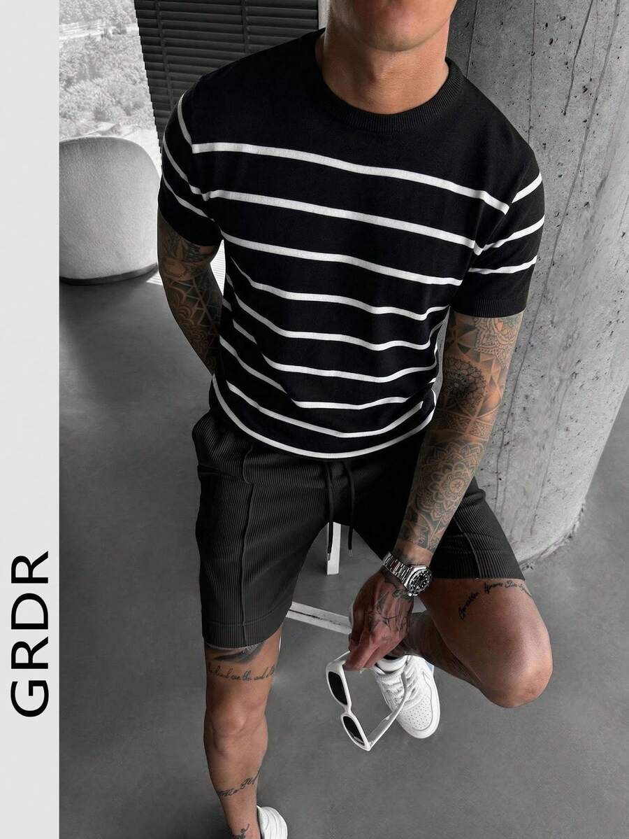 GRDR 男士夏季条纹针织短袖毛衣，适合夏季社交聚会和用餐场合