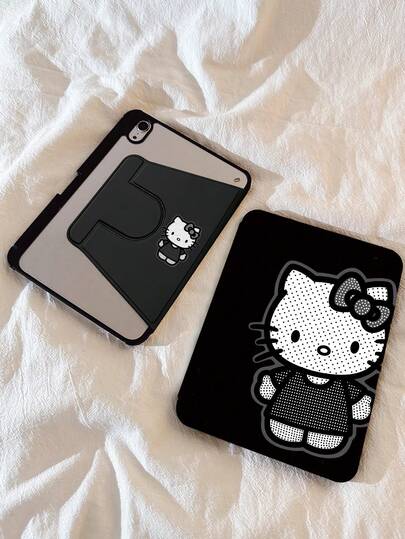 SANRIO Ốp lưng iPad hình mèo Hello Kitty đen trắng chống sốc dễ thương, tương thích với iPad, vỏ bảo vệ chống sốc hoạt hình dễ thương có ngăn đựng bút, ốp thông minh tự động bật/tắt màn hình, quà tặng lý tưởng.