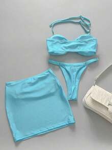 3pcs/Set 2025 New Sexy Bikini, European And American Style Solid Color Buckle Design Split Women High-End Swimwear Vacation Beach Summer - 淺藍色 - 查看 4