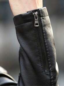 Men's Solid Color Stand Collar Leather Jacket, Fashion - 黑色 - 查看 4