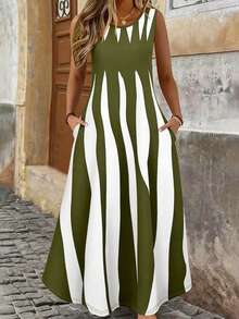 Vestido longo solto sem mangas com estampado geométrico elegante e moderno, com bolsos, ideal para uso diário no verão, férias e ocasiões de praia - Verde de Exercício - Ver 1