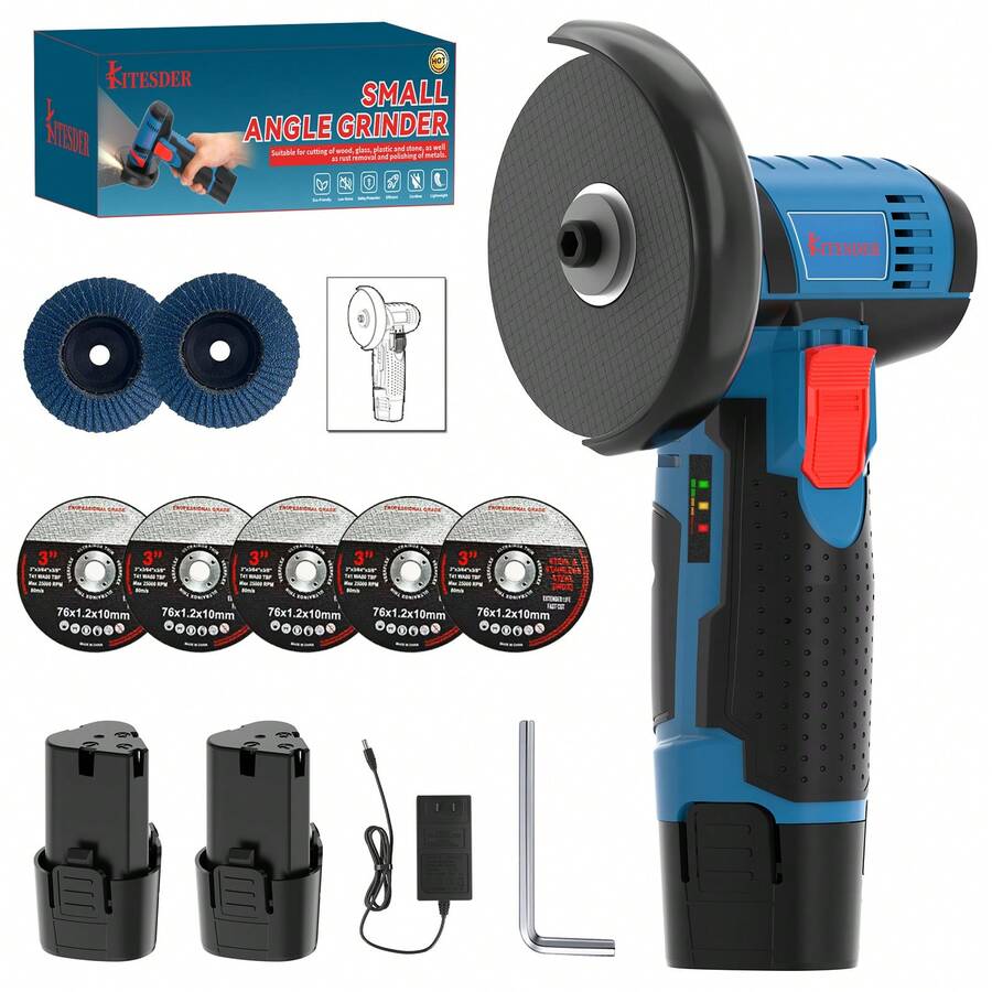 Cutting & Grinding Tool, 12V Cordless Mini Angle Grinder, 19500RPM 3 Inch, 4 Blades + Battery, Discs For Metal Wood Polishing, Power Tool Set