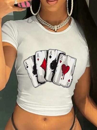 White Crop Top 1PCSWomen's Pure Crop Top - Queen Of Spades Noir Aces Edition, Non-See-Through Casual Shirt With Spade Symbols, Machine Washable Everyday & Party Outfits For Spring/Fall/Summer - Women's Fashion Tops, Seasonal Fashion, Playful Design, Nonseethrough Material 2026-Tops For Going Out, Wedding, Y2k