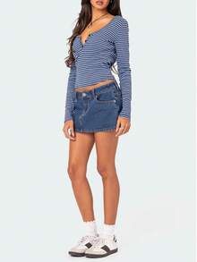 Edikted Womens Sexy Tops Long Sleeve Henley Shirts Fitted Low Cut Tops Striped Top V Neck Cleavage Shirts Blouses - 藍色條紋 - 查看 5