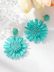 OOQ 1 Pair Handmade Raffia Straw Sunflower Pendant Earrings, Fashionable & Sweet Elegant Beach Holiday Versatile Earrings, Suitable As Gift For Any Occasion (Handcrafted Raffia Weaving, Shape And Direction Random) - Blue - View 2