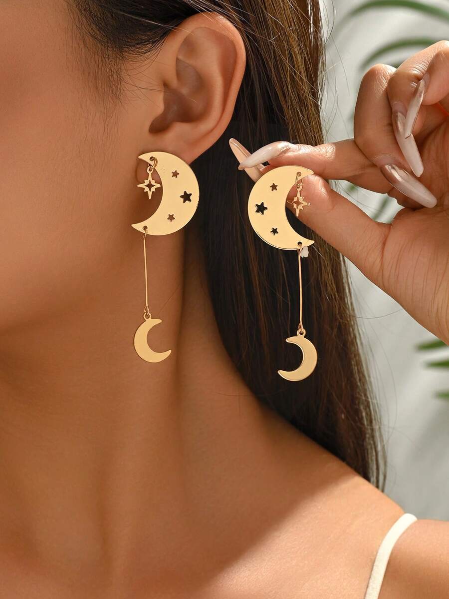 1 Đôi bông tai mặt dây chuyền hình ngôi sao và mặt trăng theo phong cách Trung Đông, kết hợp giữa phong cách châu Âu và Mỹ, mạ vàng, dành cho nữ, với mặt trăng bằng kim loại vàng, thể hiện phong cách và sự quyến rũ độc đáo, phù hợp cho các bữa tiệc, đám cưới, ngày lễ, tiệc chiêu đãi, họp mặt, đeo hàng ngày, cũng là một món quà tuyệt vời cho dịp lễ. - Vàng - Xem 1
