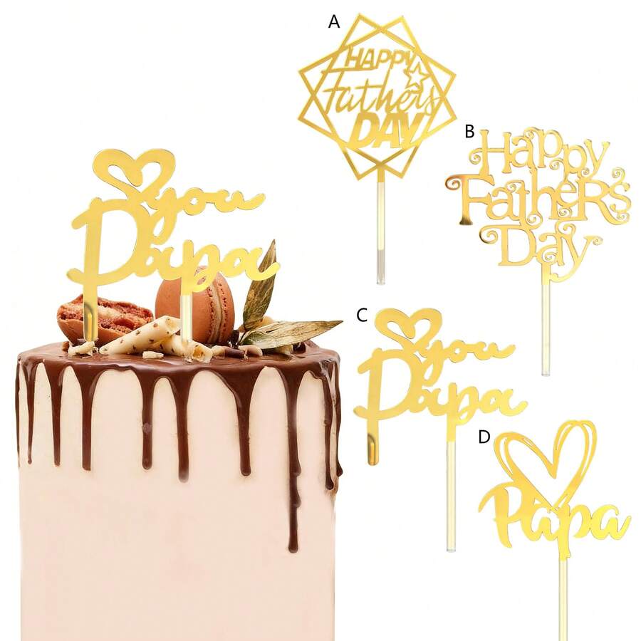 3pcs/1pc Gold & Black Acrylic "Papá" Happy Father's Day Cake Topper, Suitable For Father's Day Birthday Theme Party DIY Cake Decorations - Multicolor - View 1