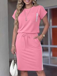 女士新款圆领短袖T恤和松紧腰宽松中长裙两件套，适合春、夏、秋季穿着，粉色 - 粉色 - 查看 4