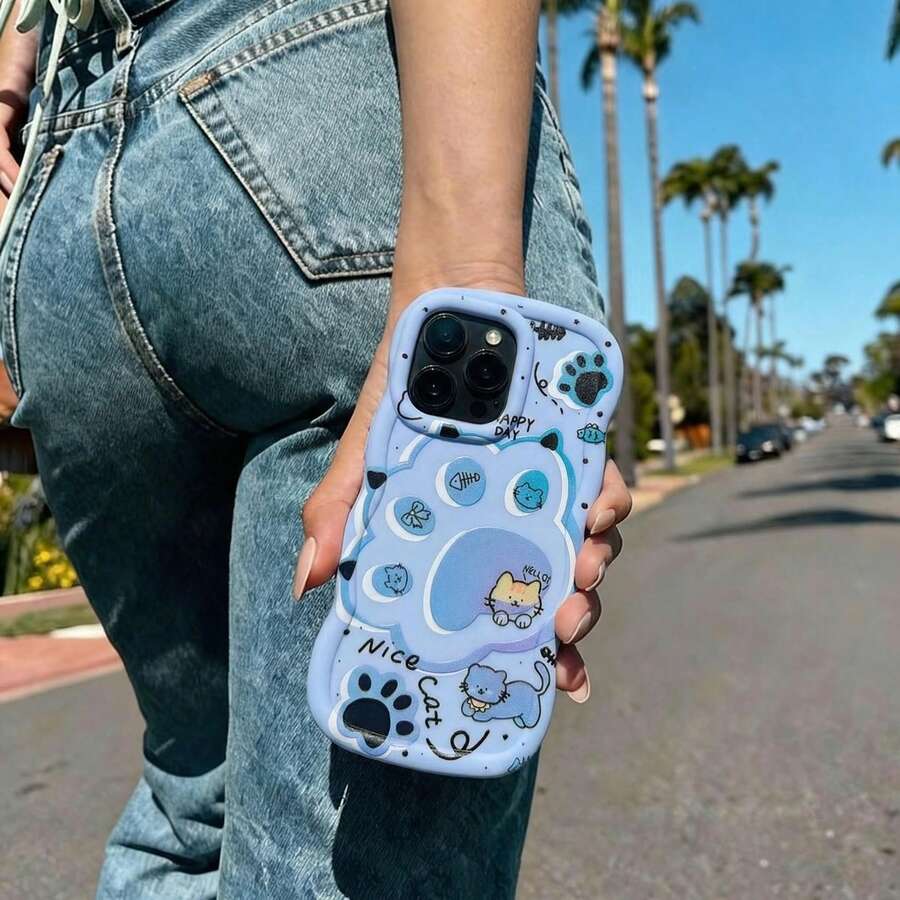 Kawaii Cat Paw Phone Case, Cute 3D Cartoon Cat Print Soft Silicone Cover, Pastel Blue Wave Edge Design, Matte Anti-Scratch Shockproof Protective Bumper, Full Body Drop Protection, Compatible With Samsung Galaxy A/S/FE/Plus/Ultra, Compatible With Xiaomi Pro/Note/Poco/X, Hot/Play/Spark/Pop/Smart, Reno , Honor, Moto E/G/V, (International Version, Not Local Version)