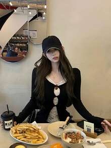 1 chiếc áo len dệt ren nữ, áo thun dài tay ôm dáng, áo lót mùa xuân - màu đen - Xem 4