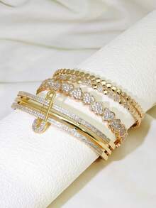 1 Peça Bracelete Bangle Luxuoso e Fashionista com Design Cravejado de Cristais, Revestido em Cobre para Mulheres - Dourado - Visão 2
