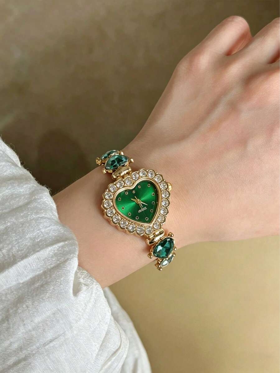 1件女士金色合金全镶水晶心形表壳阿拉伯数字表盘石英表，配有抽绳可调节表带，适合日常搭配、生日、送礼、周年纪念、年末促销、双十一、万圣节促销等场合。（不含礼盒） - 金色 - 查看 1
