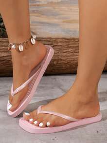 Women's Solid Color Square Toe Casual Sandals, Soft & Lightweight, Comfortable For Spring/Summer Outings, Beach, Bathroom, Open Toe Flip Flops - Pink - View 8