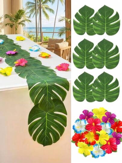 20/40pcs Tropical Party Decorations, Artificial Tropical Palm Leaves & Hibiscus Flowers, Suitable For Hawaiian BBQ Party, Jungle Beach Theme Party, Birthday Party, Tabletop Decor