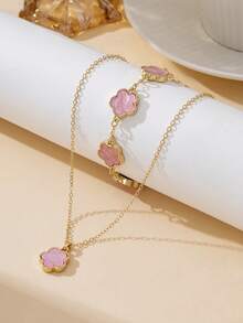 一套优雅经典的高端粉色甜美四叶草吊坠项链和手链首饰套装（女士款） - 粉色 - 查看 2