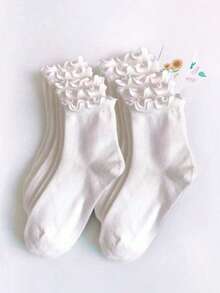 10 pares de calcetines casuales de media pantorrilla con volantes blancos para mujer, otoño - Blanco - Ver 10