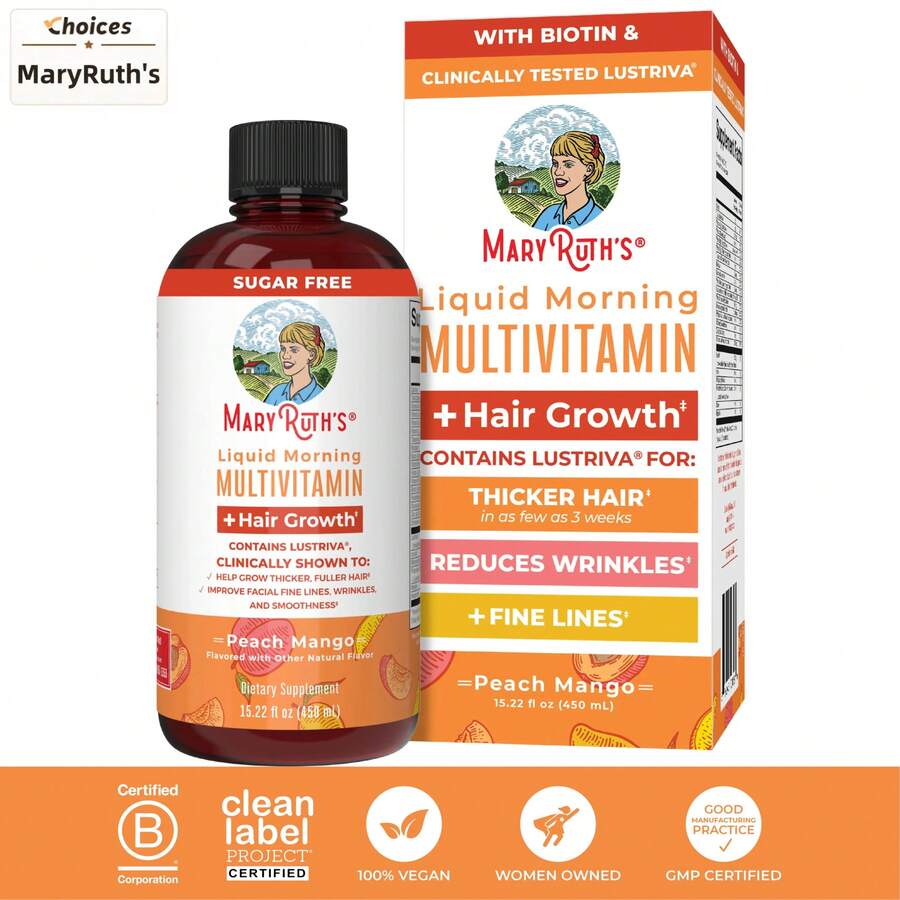 Mary Ruth's Multivitamínico líquido + Crecimiento del cabello - Probado clínicamente para un cabello talla grande grueso en mujeres - Mejora las arrugas faciales - Vegano - 450 ml - Multivitamínico líquido + Crecimiento del cabello - Ver 1