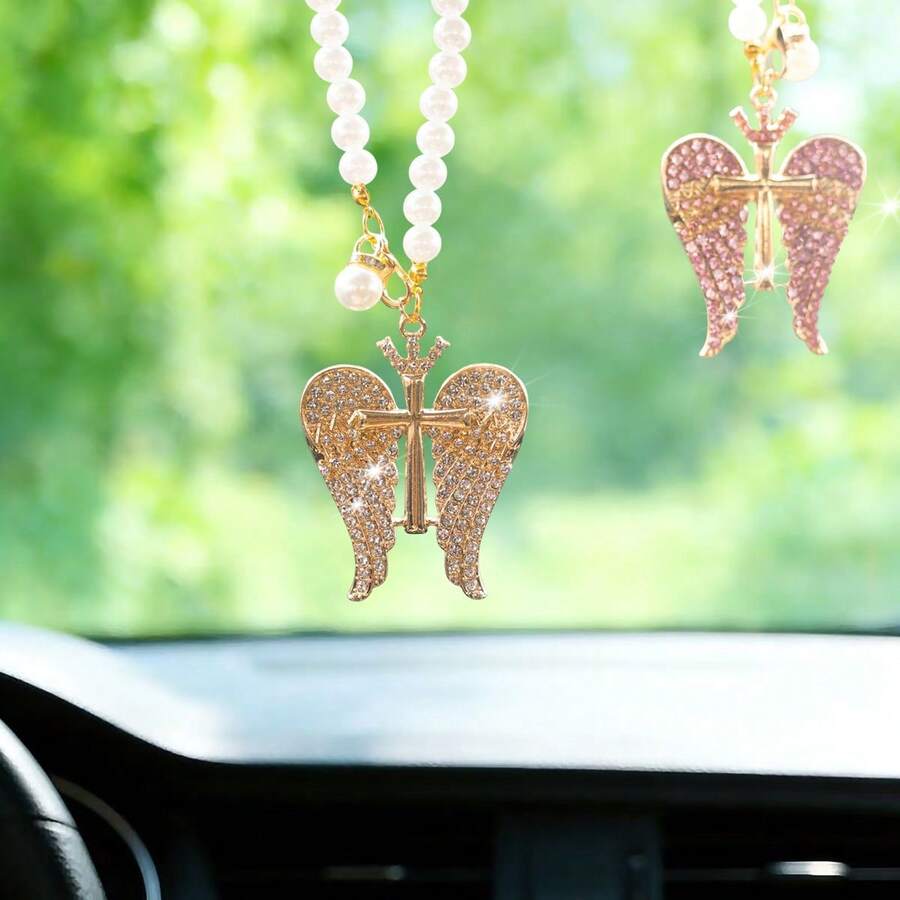 Mặt dây chuyền trang trí gương chiếu hậu xe hơi hình thánh giá và cánh thiên thần, đính đá lấp lánh tinh tế, quà tặng trang trí xe hơi thời trang.