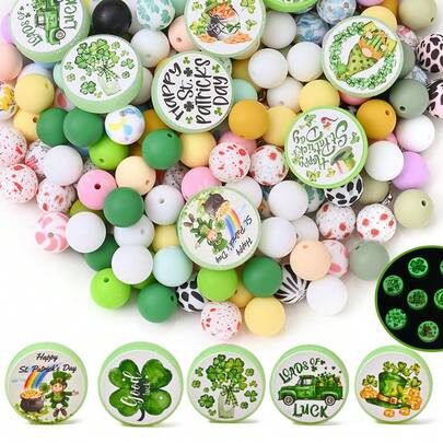15pcs St. Patrick's Day Silicone Bead Set, Green Luminous Clover/Coin Print Flat Round Beads With Printed Round Beads, Suitable For Event Decoration, DIY Jewelry Making, Bracelets, Necklaces, Pens, Phone Charms, Bag Accessories, Creative Handicrafts, And Commemorative Gifts For Friends And Family