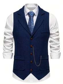Áo vest nam vải tweed họa tiết xương cá mới, trang trí dây xích cổ điển, màu xanh chàm. - Màu xanh lam - Xem 9