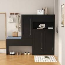 Modern 2-In-1 Shoe Cabinet With Curved Doors: Soft-Close Hinged Door, Height-Adjustable Compartments And Upholstered Bench, White, 130 * 35 * 110 Cm. - 黑色 - 查看 4