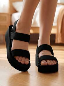 GlamourGrip Women's Beige Linen Mid-Heeled Sandals, Elegant And Light For Outdoor, Beach And Daily Wear, Simple Summer/Fall Slippers For Women. - 黑色 - 查看 2