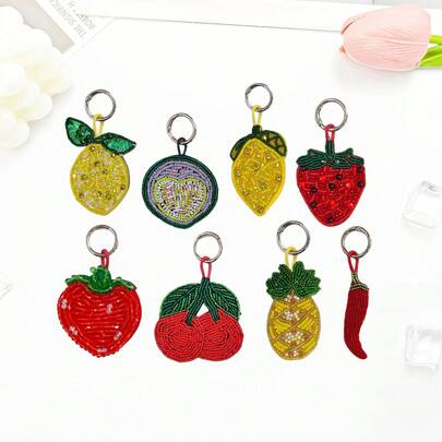 水果串珠纽扣 - 柠檬、草莓、樱桃、菠萝，手工刺绣布贴，适合DIY，可用于钥匙、背包或手提包，也是可爱的手工礼物吊坠和服装配饰。