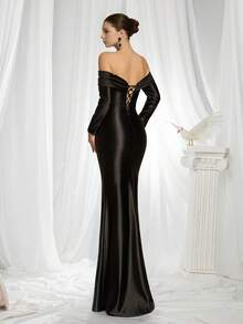 VIPGIRL Elegant Luxury Women's Long Satin Formal Dress, Featuring Pleated Bust Detail And Contrast Mesh Strapless Design Party Spring Wedding Black - Black - View 3