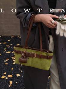 1pc Low Tea Solid Color Suede Fabric Shoulder Bag, Women's Retro Fashion Square Shoulder Bag With Top Double Handles, Zipper Closure, Suitable For Travel, Shopping, Dating, Women's Gift, Great For Commuting, Outdoor, Travel, Hiking , Green - màu xanh lá - Xem 4