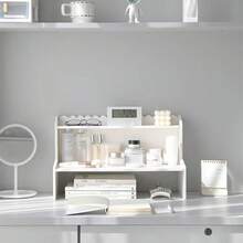 1pc Dual-Layer Elevated Desktop Organizer Rack, Bedroom Cosmetics Storage, Office Supplies & Book Holder - A - View 6