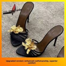 Atemberaubende Metallblumen-Sandalen, Stiletto-High-Heels, schwarze Sandalen, offene Pantoffeln für Damen. - Goldfarbene, verbesserte Version, 9 cm - Übersicht 8