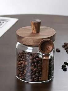 1/3 Glass Jar With Wooden Lid And Spoon, Airtight Kitchen Storage Canister For Spices, Coffee, Candy Etc., Thick Glass, Reusable, Hand Wash Only, Variations In Wood Lid Color And Grains Are Normal, Essential For Back To School - Multicolor - View 9