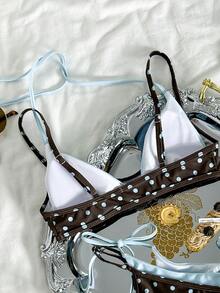Bộ bikini chấm bi nữ, xanh dương và nâu, đồ bơi thể thao thường ngày, trang phục đi biển mùa hè, áo bikini lửng thanh lịch, phong cách nghỉ dưỡng, phong cách lễ hội âm nhạc Y2K, trang phục đi biển phong cách boho mùa xuân/hè. - xanh nâu - Xem 4