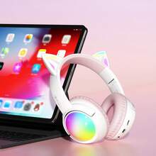 AKKHOO 可爱猫耳蓝牙耳机，可折叠RGB灯光立体声游戏耳机，超长续航，适合女生和直播 - 查看 14